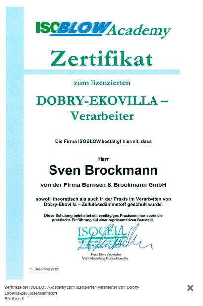 Zertifikat der-ISOBLOW-Academy-zum-lizenzierten-Verarbeiter-von-Dobry-Ekovilla-Zellulosedaemmstoff